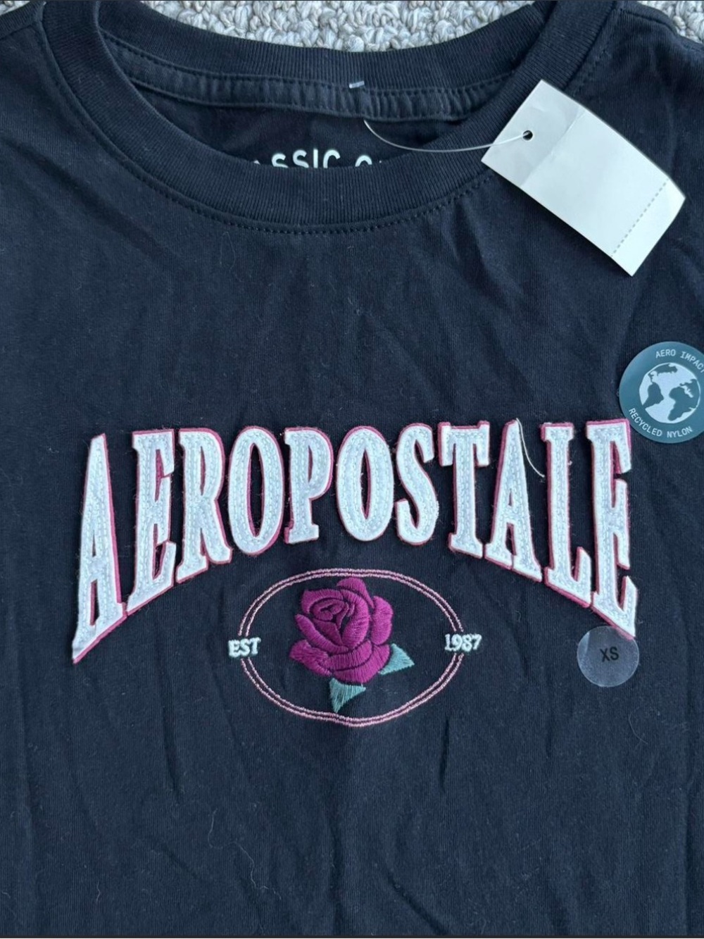 Aeropostale Black Short Sleeve Tee with Pink Rose Graphic